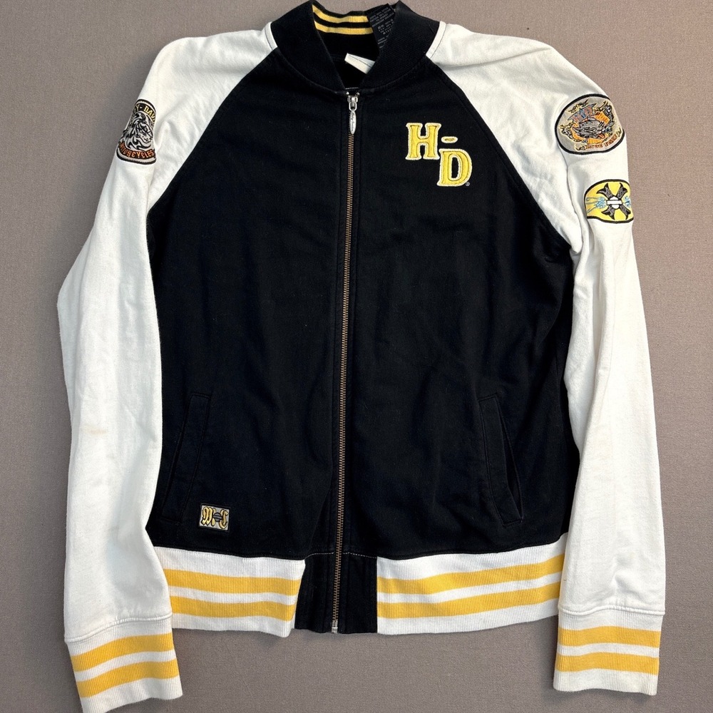 Harley Davidson Womens XL Varsity Bomber Jacket Black White Yellow Patch Zip Up